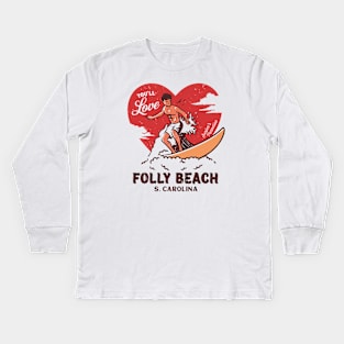 Vintage Surfing You'll Love Folly Beach, South Carolina // Retro Surfer's Paradise Kids Long Sleeve T-Shirt